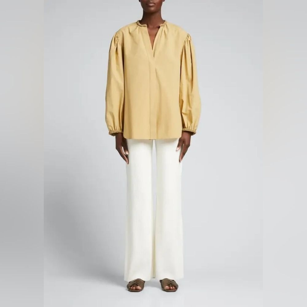 Vince Band-Collar Braided-Trim Button Front Puff Sleeve Shirt Mustard Size XXXL